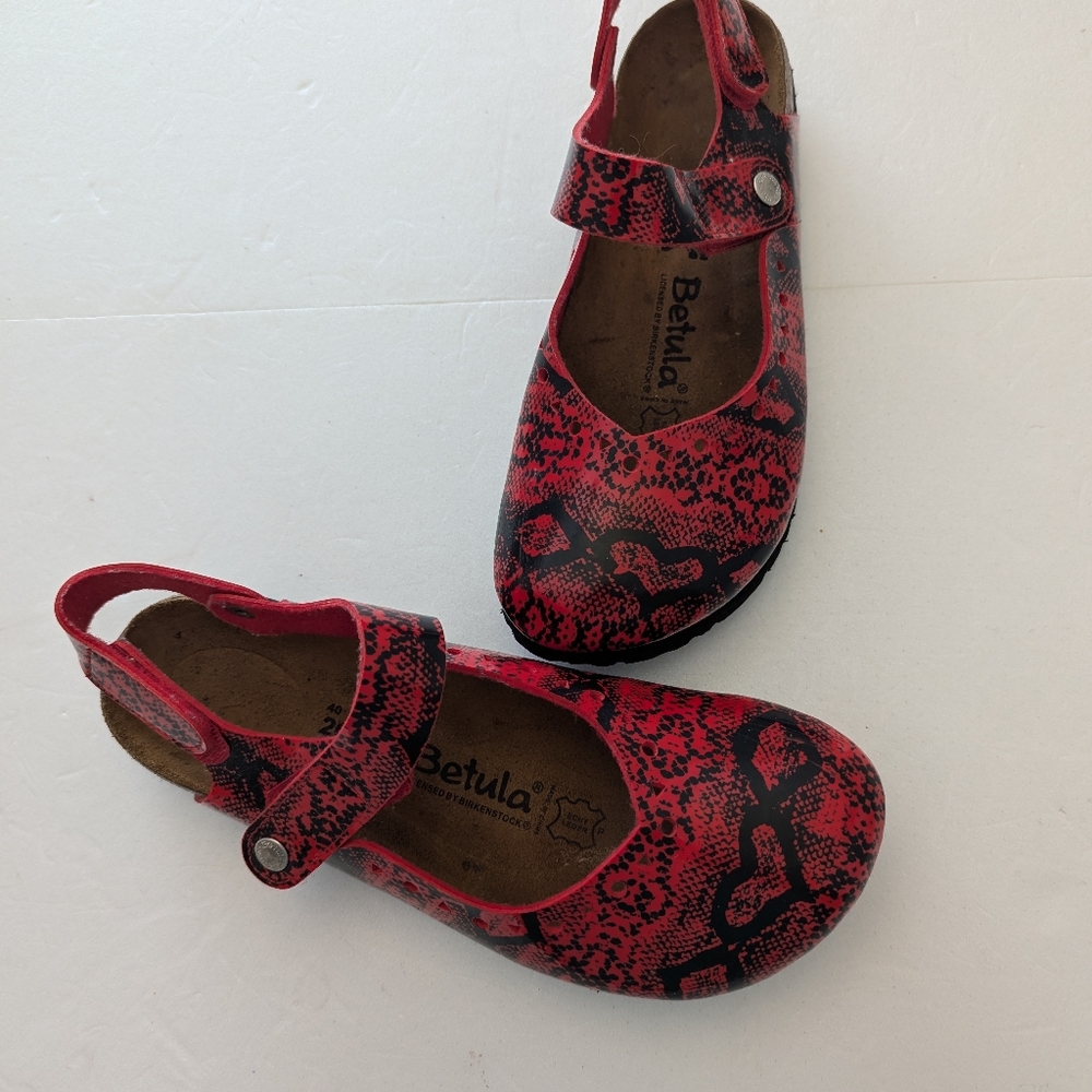 Birkenstock Red and Black Snake-Print Mary Jane Clogs